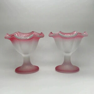 Set of 2 KIG Indonesia Pink & Clear Frosted Sherbet Sundae Glass 5" Ruffle Edge
